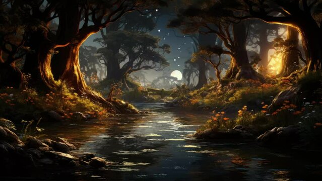Mystical fantasy forest with a stream and light from a fire. Night walk. Cartoon illustration style. Seamless looping 4K virtual video animation background.