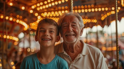 Fototapeta premium Healthy living of senior elderly pensioner male with kid enjoy laughing out loud playing together, bonding grandparent relationship with grandchild lifestyle free time play relish a carousel ride park