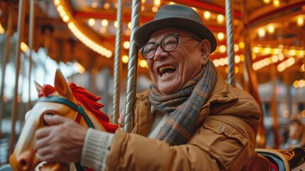Healthy living of senior elderly pensioner male with kid enjoy laughing out loud playing together, bonding grandparent relationship with grandchild lifestyle free time play relish a carousel ride park