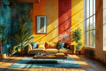 Modern multicolored living room interior.