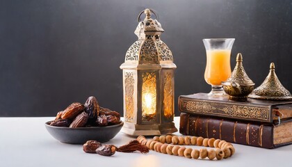 Fototapeta premium Spiritual Elegance: Ramadan Lantern and Arabian Lamp on White