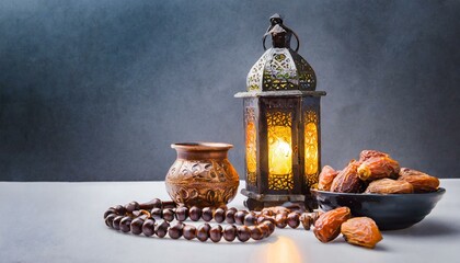 Fototapeta premium Luminous Ramadan Delights: Lantern, Lamp, Rosary, Dates, and Light