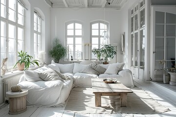 White living room with sofa. Scandinavian interior design.