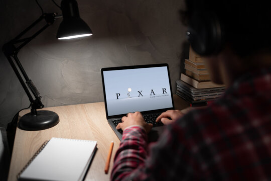 Ukraine, Odessa, January 13, 2023: Pixar company logo is visible on laptop screen. Soft focus.