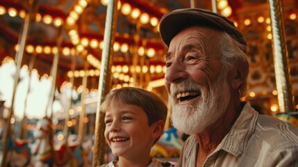 Healthy living of senior elderly pensioner age 70s male with kid enjoy laughing playing together, sharing moment bonding grandparent relationship and grandchild lifestyle play relish carousel ride