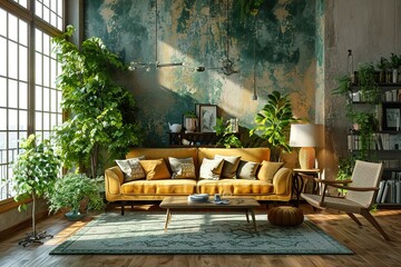 Modern loft living room interior design and green pattern wall background - obrazy, fototapety, plakaty