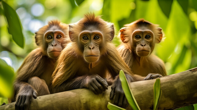 Trio of young ebullient monkeys perched in lush greenery