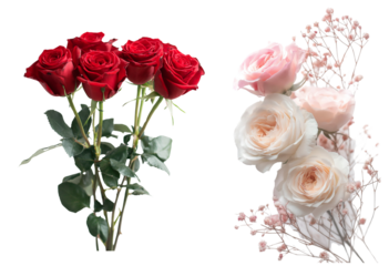 A bouquet of red roses and a decorative bouquet of white roses