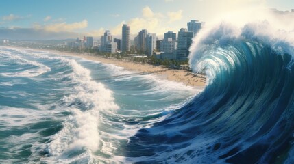 Big tsunami wave strike beach of city, bad disaster dangerous  - obrazy, fototapety, plakaty