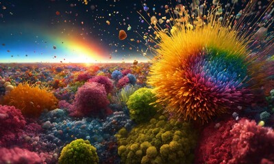 backgroundmasterpiece, HDR, UHD, 12k, photorealistic, DLSR, D800, "Scanning electron microscope" pouring picture explosion of a rainbow micro world cosmos background 