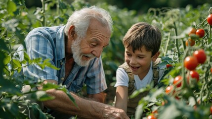 Senior elderly healthy man enjoys spending time in tomatoes greenery farm teaching grandson to harvest fruit vegetables garden, agricultural hobby for retired pensioner gardener working in backyard