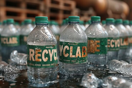 plastic bottles with drinks and labels and symbols about the possibility of recycling. Concept: environmental responsibility and recycling