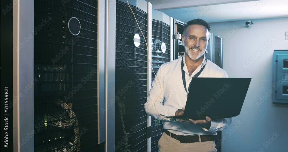 Poster Mature man in data center with laptop, network maintenance and engineer in digital storage for database update. Tech employee, system administration and technician online in server room with computer
