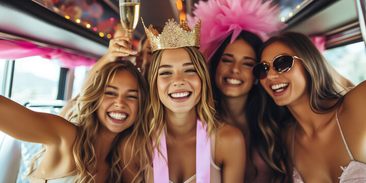 Junggessellinenabschiedsg&auml;ste sitzen mit der werdenden Braut im Partybus und feiern