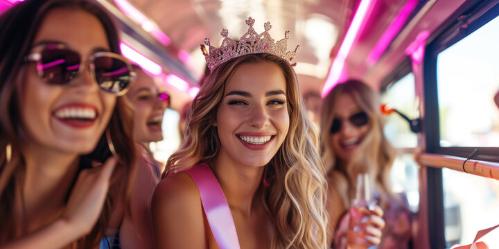 Junggessellinenabschiedsg&auml;ste sitzen mit der werdenden Braut im Partybus und feiern