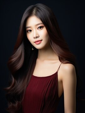 Beautiful Asian Chinese Woman Portrait Studio Photo Photography Profile Picture Model with Long Hair for Fashion Beauty Skincare Haircare Products on Dark Background 3:4 