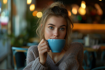 
Realistic photo of a young woman sitting in an italian cafe and holding dark blue cup of coffee