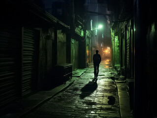 A greeneyed street walker riding through a dark alleyway