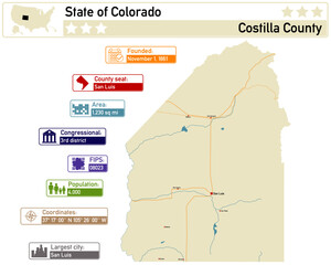 Detailed infographic and map of Costilla County in Colorado USA.
