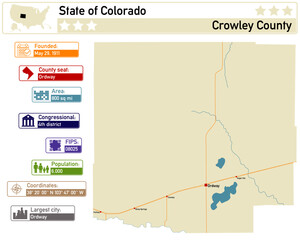 Detailed infographic and map of Crowley County in Colorado USA.