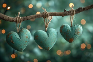 Green nature hearts, saint valentine's day illustration, bokeh blurred background. Generative AI - obrazy, fototapety, plakaty