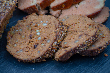 Vegan meatloaf  made of chickpeas and vital wheat gluten, spices.  Glazedm rubbed and roasted
