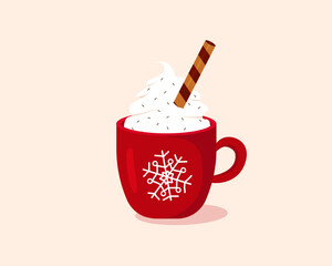Winter flat christmas cup with cocoa. Red mug with cocoa and whipped cream