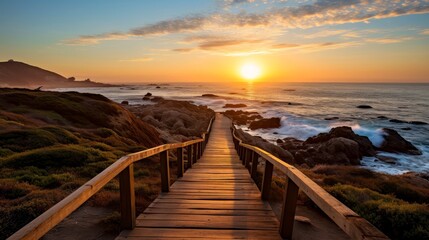 Empty wooden walkway on the ocean coast in the sunset time, pathway to beach