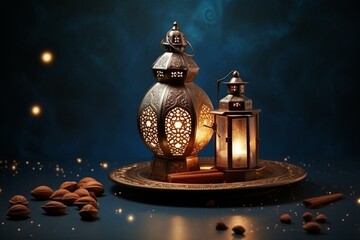 Arabic Ramadan poster. Islamic background with traditional Arabic cinnamon sand design. Blessed holiday Eid Mubarak. Generative AI