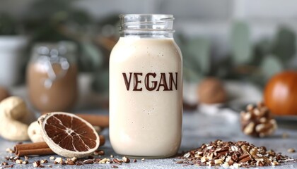 A bottle of almond milk surrounded by grains and nuts. With the inscription "vegan". Concept: lactose-free vegan dairy product. Plant based nutrition
