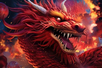 chinese dragon with fireworks in the background