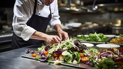 Experienced chef preparing fresh vegetable salad in modern, well lit restaurant kitchen