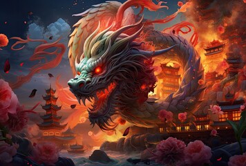 chinese dragon with fireworks in the background - obrazy, fototapety, plakaty