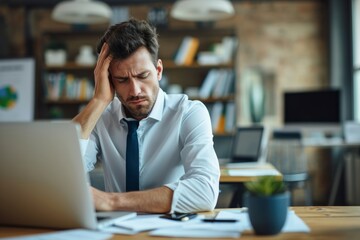Business Problems: Desperate Millennial Businessman Sitting at Workplace in Office, Touching Head