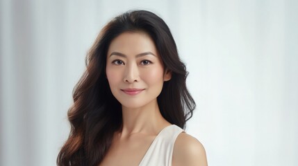 Beautiful Asian Woman Portrait Studio Photo Photography Profile Picture Middle Aged Model with Long Hair for Fashion Beauty Skincare Health Products on White Light Color Background 16:9 