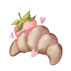 Watercolor illustration of a croissant with a strawberry and hearts around