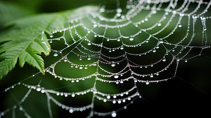 Dainty spider's web, jeweled in morning dew, whispers tales of the enchanted forest's mystical elegance