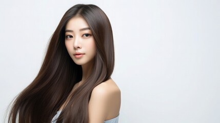 Beautiful Asian Woman Portrait Studio Photo Photography Profile Picture Young Model with Long Hair for Fashion Beauty Skincare Haircare Products on White Light Color Background 16:9 
