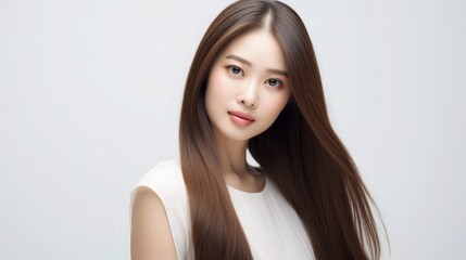 Beautiful Asian Woman Portrait Studio Photo Photography Profile Picture Young Model with Long Hair for Fashion Beauty Skincare Haircare Products on White Light Color Background 16:9 