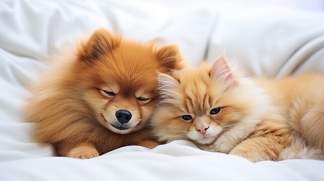 Captivating image of a cute cat and dog peacefully sleeping side by side on a cozy white carpet