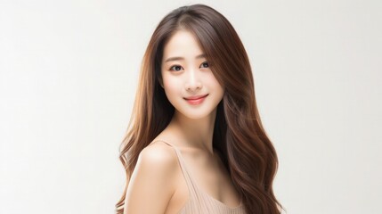 Naklejka premium Beautiful Asian Woman Portrait Studio Photo Photography Profile Picture Young Model with Long Hair for Fashion Beauty Skincare Haircare Products on White Light Color Background 16:9