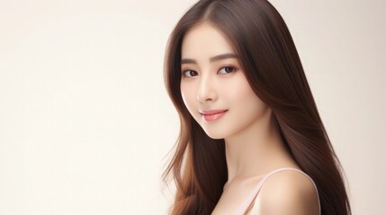 Naklejka premium Beautiful Asian Woman Portrait Studio Photo Photography Profile Picture Young Model with Long Hair for Fashion Beauty Skincare Haircare Products on Beige Light Color Background 16:9