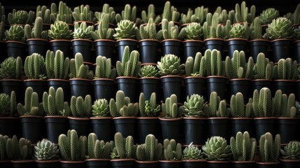 Small cacti in pots in rows on shelves. Generative AI