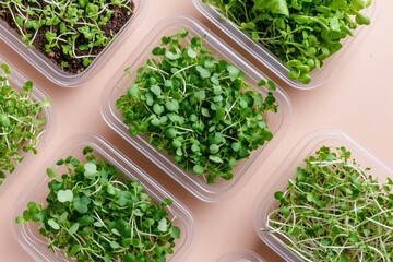 Plastic boxes with microgreens on pink background, top view. Generative AI