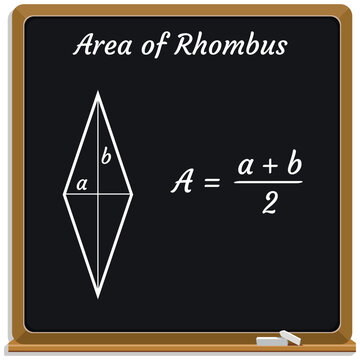 Area of Rhombus on a black chalkboard. Education. Science. Formula. Vector illustration.