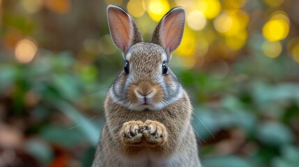 Fototapeta premium rabbit sits on a table in front of a background of shelves with bottles, holding a sign with a copy space place in front of him. The atmosphere of a laboratory office