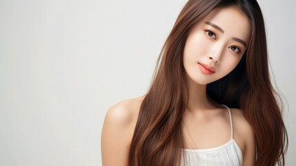 Beautiful Asian Woman Portrait Studio Photo Photography Profile Picture Young Model with Long Hair for Fashion Beauty Skincare Haircare Products on Grey Light Color Background 16:9