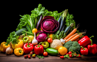 Abundance of fresh colorful vegetables on a dark background