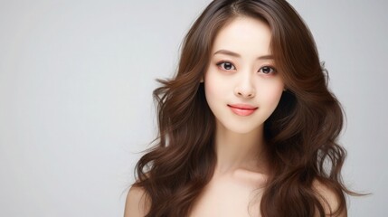 Fototapeta premium Beautiful Asian Woman Portrait Studio Photo Photography Profile Picture Young Model with Long Hair for Fashion Beauty Skincare Haircare Products on Grey Light Color Background 16:9