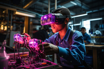 A dynamic image of students engaged in a chemistry experiment with virtual reality simulations, combining technology with hands-on laboratory experiences. - obrazy, fototapety, plakaty